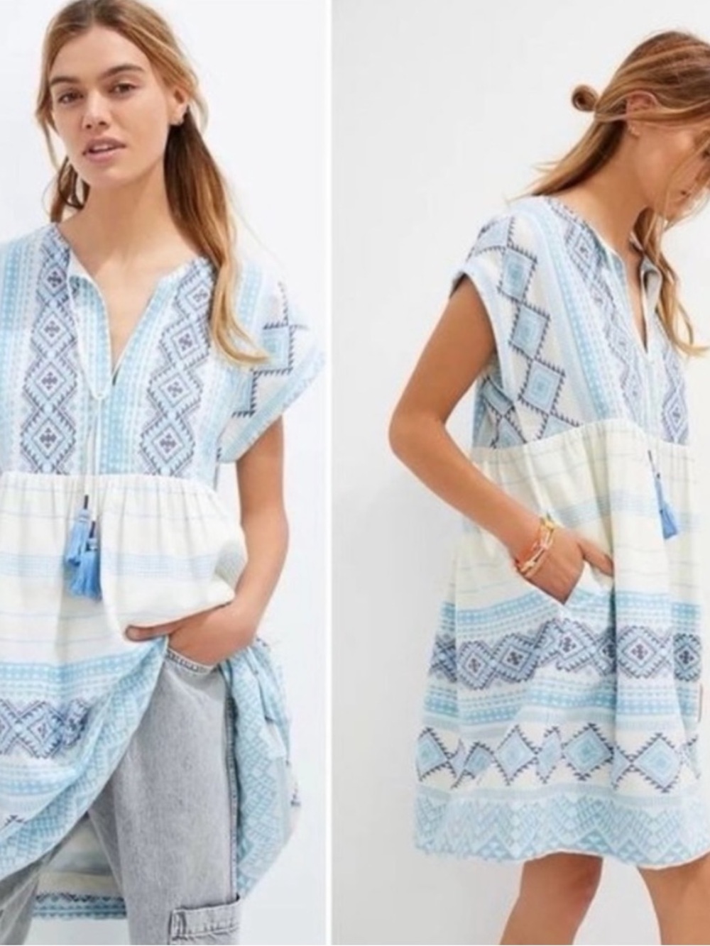 Anthropologie | Blue White Jacquard Tunic‎ Dress XS